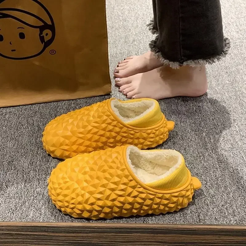 Autumn and winter couple's home cotton slippers women's waterproof and warm trend durian-shaped cotton drag hole shoes