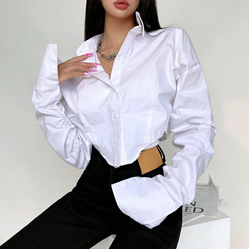 

New Casual Short Blouse Woman Fashion Single Breasted White Shirt Women Turn Down Collar Long Sleeve Blouse Blusa Feminina 29011