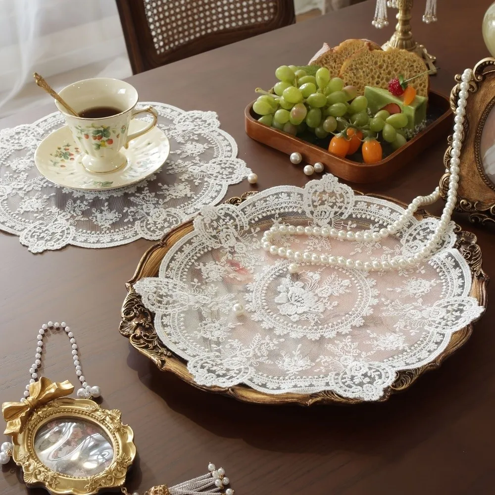 1/2/6pcs Embroidered Lace Tablemats Round Decorative Handmade Lace Table Mats Flower Embroidery Napkin Placemat