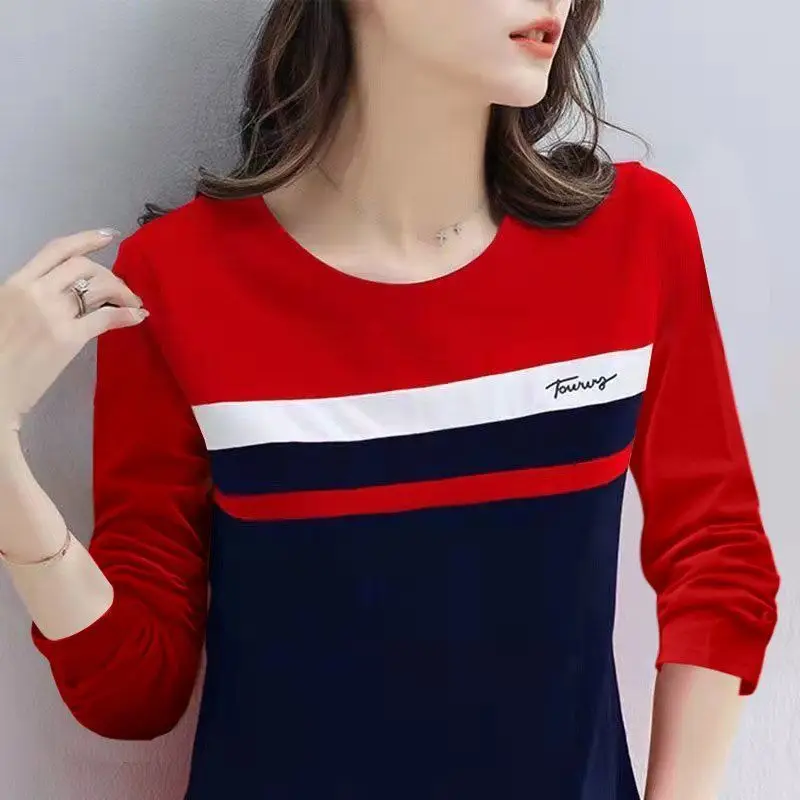 Korean Splicing Cotton T-shirt Women's Long Sleeve Tops 2024 New Autumn Fashion T Shirt Women Dames Shirts Zomer 2022 Aesthetic