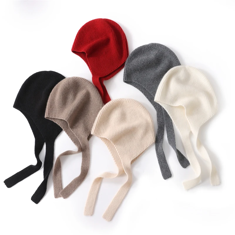 100% Pure Cashmere Hat Casual Layered Niche Drawstring Warm Knitted Autumn Winter Fashion Solid Color Versatile