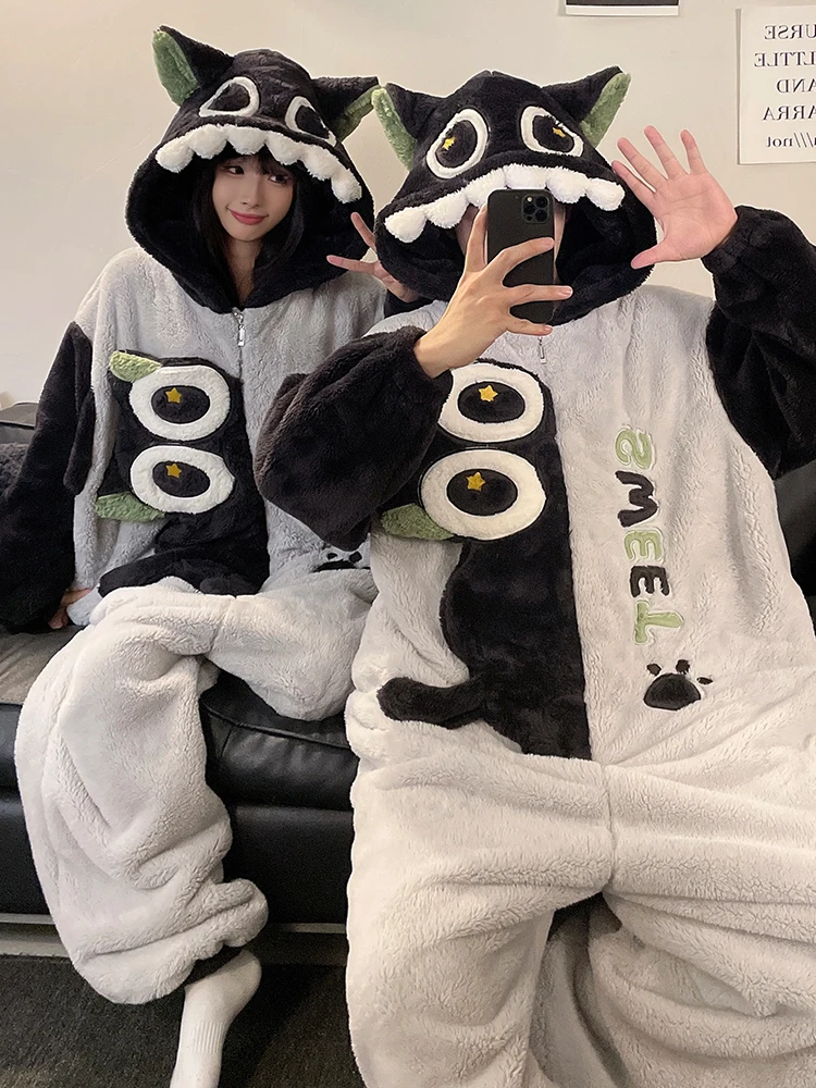 DAIMELU الكرتون طويلة الأكمام منامة الرجال الشتاء قطعة واحدة المرجان الصوف الفانيلا الذكور كبيرة الحجم المتسكعون مجموعة ملابس خاصة دعوى