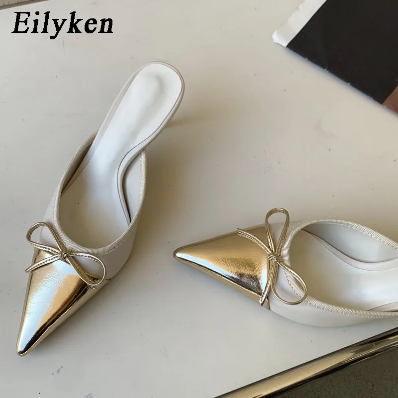 Eilyken 2024 Spring New Pointed Toe Women Slipper Fashion Butterfly-knot Shallow Slip On Ladies Mules Shoes Thin High Slides