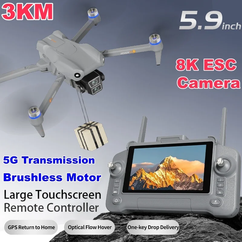 Brushless 8K ESC Camera Drone GPS Optical Flow Dual Positioning One Click Airdrop 5.9in Touch Screen RC Drone Quadcopter Toys