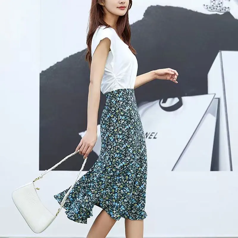 Summer Broken Flowers Midi Skirts High Waist Elastic Women's Clothing Stylish A-Line Folds Vintage Printed Basic Commute Skirts