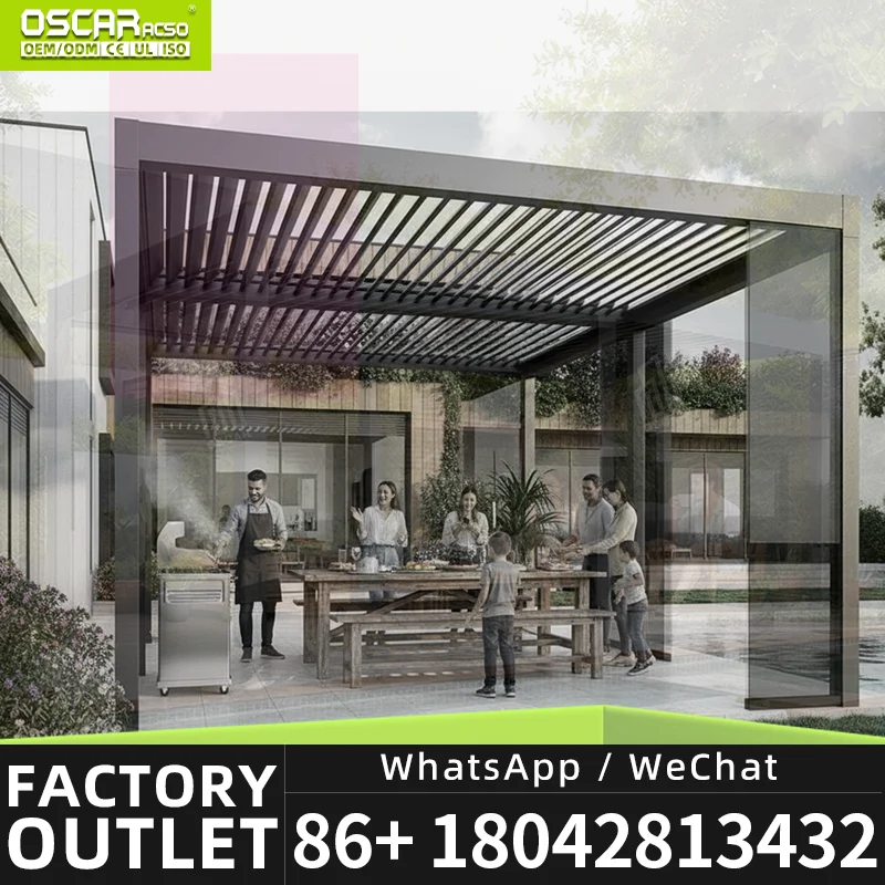 Weatherproof Backyard Patio Deck Garden 6x4 Aluminum Automatic Pergola Louvre Rain Sensor Smart Opening Wall Mounted Gazebo Awni