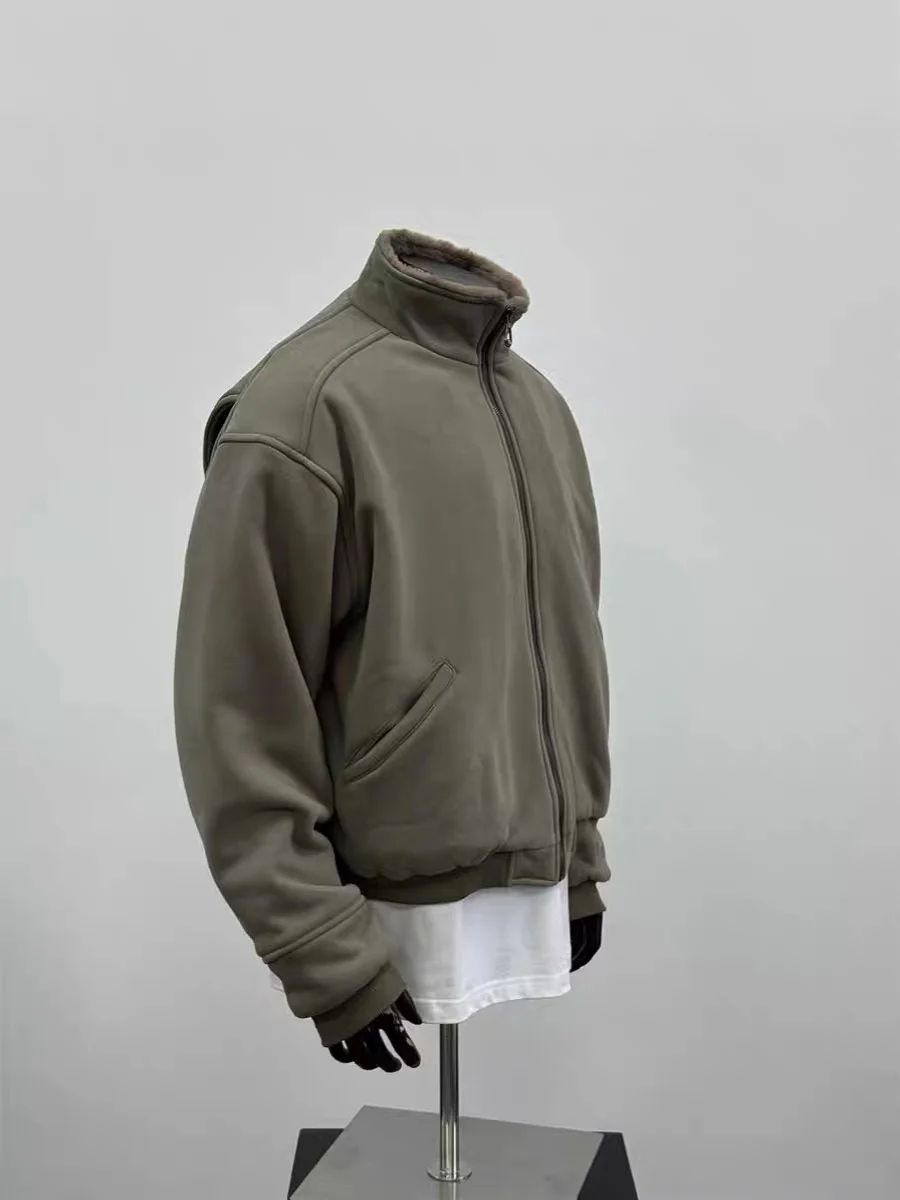 

American Retro Khaki Fce Lined Thiened Jaet Men Loose Cleanfit Warm Cotton Outerwear Coat Winter Youth Faion