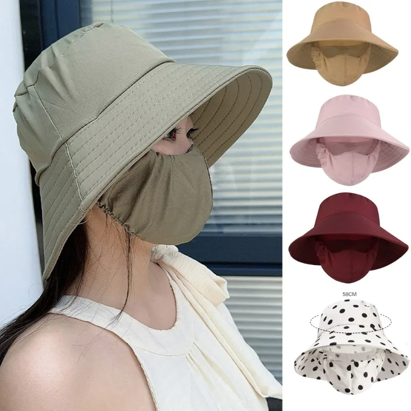 Women's Sunscreen Mask Hat Summer Outdoor Integrated Cotton Breathable Pure Colour  Anti-UV Holiday Face Cover Sunshade Hat