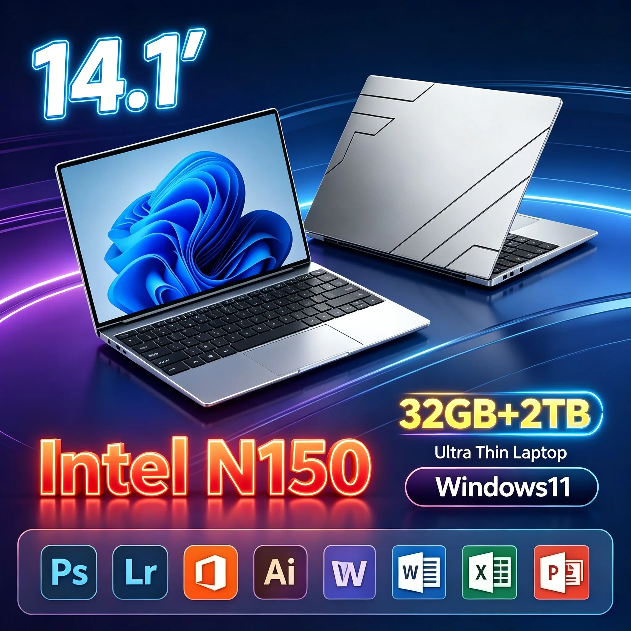 14.1'' Inch Notebook Intel N150 32GB RAM 1TB/2TB SSD Windows11 Light High-Speed Portable Laptop For Home Student Office PC