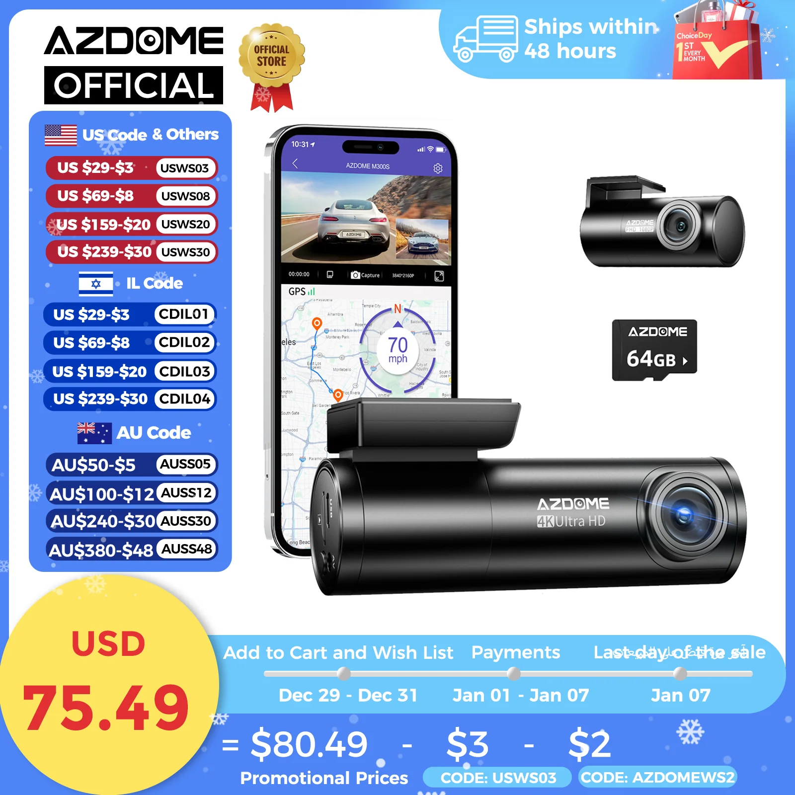 AZDOME M300S 4K Dash Cam Front and Rear, 5.8G WiFi GPS Dash Camera for Cars, Free 64GB SD Card, Voice Control, WDR Night Vision