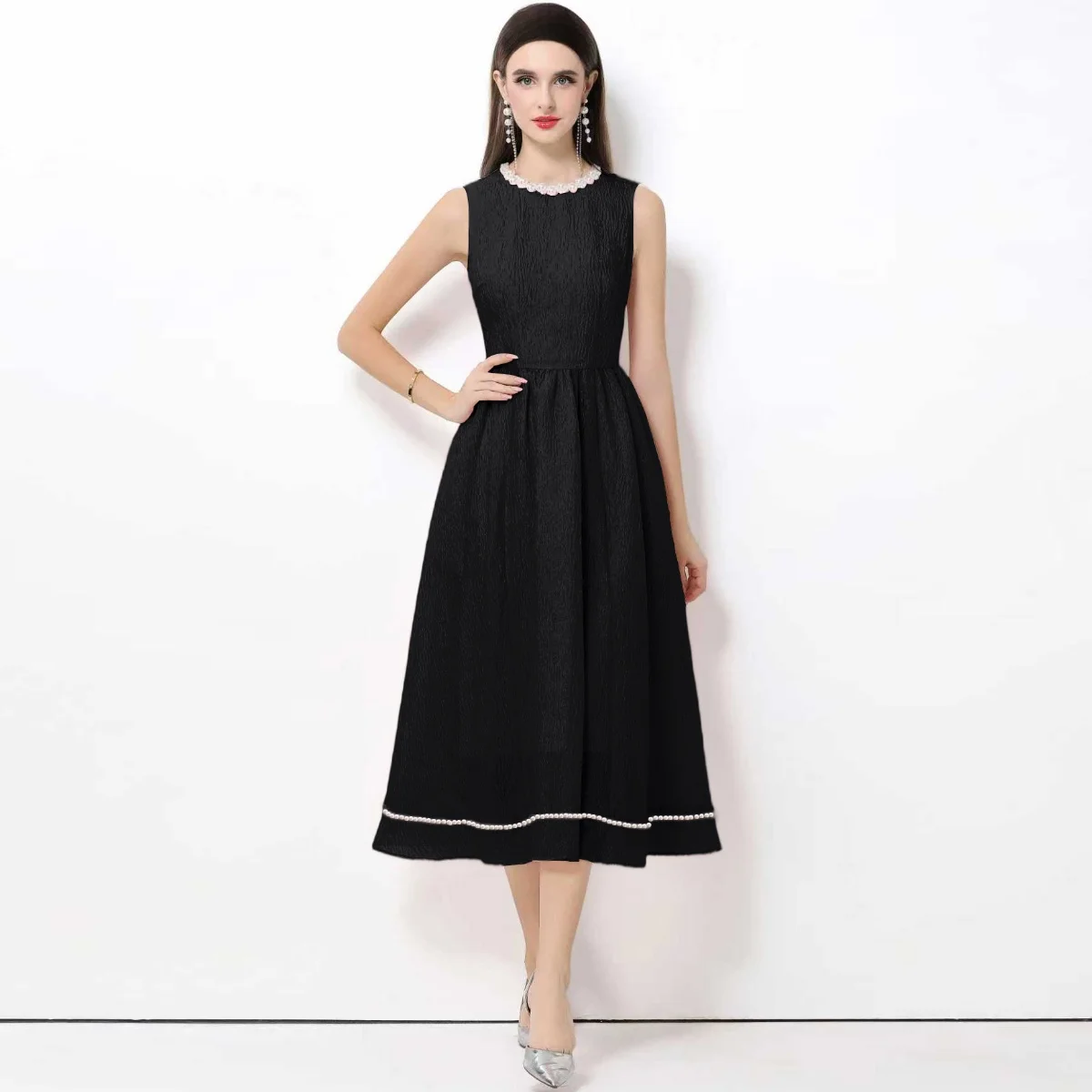 

Ele Slimming Fitted Svel Dr Vintage High Waist A-Line Midi Dr Zipper Closure round Ne Pure Color Daily Wear