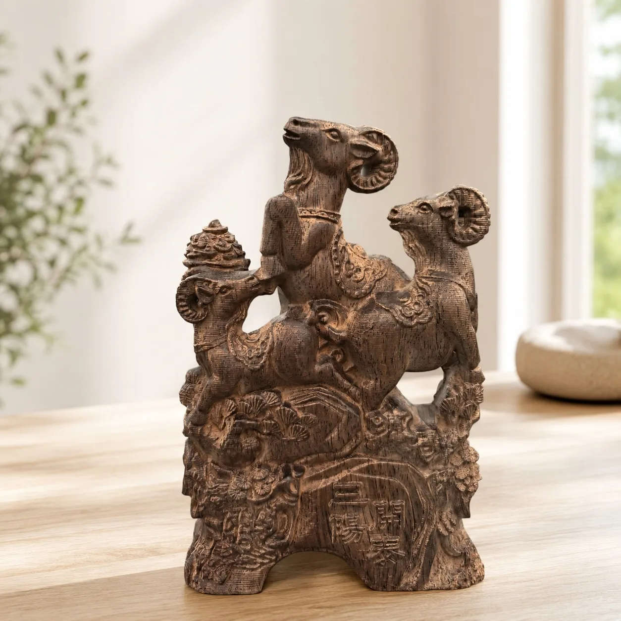 Exquisite Carved Agarwood Three Rams Statue for Chinese Feng Shui Zen Home Living Room Desk Decor Collectible Gift