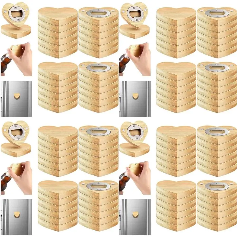 ABMH-96 Pcs Magnetic Bottle Opener 2.5In DIY Bamboo Heart Shape Beer Openers Wooden Fridge Magnet Refrigerator Sticker Gift