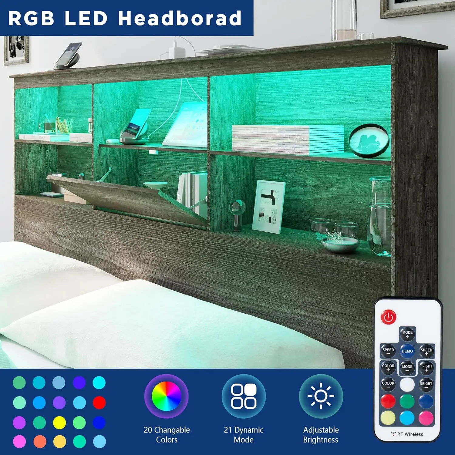 Extra Groot Bedframe Met 51.2-Inch Opbergruimte Led Boekenplank Hoofdeinde, 4 Opbergladen/Geruisloos/Landgrijs