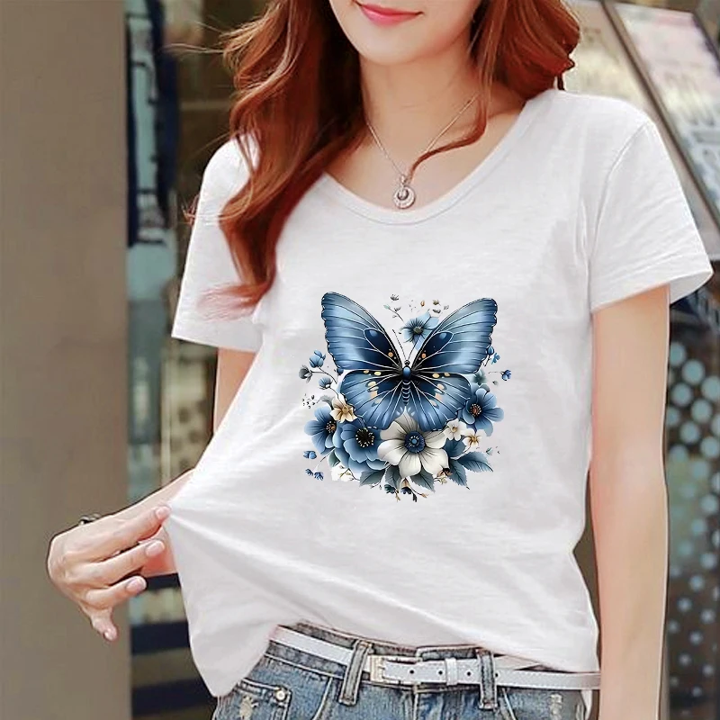 

Women's Shirt Gothic Art Floral with Blue Butterfly Short Sleeve Printed Shirt Clothing T-Shirt Clothing Top Tee harajuku