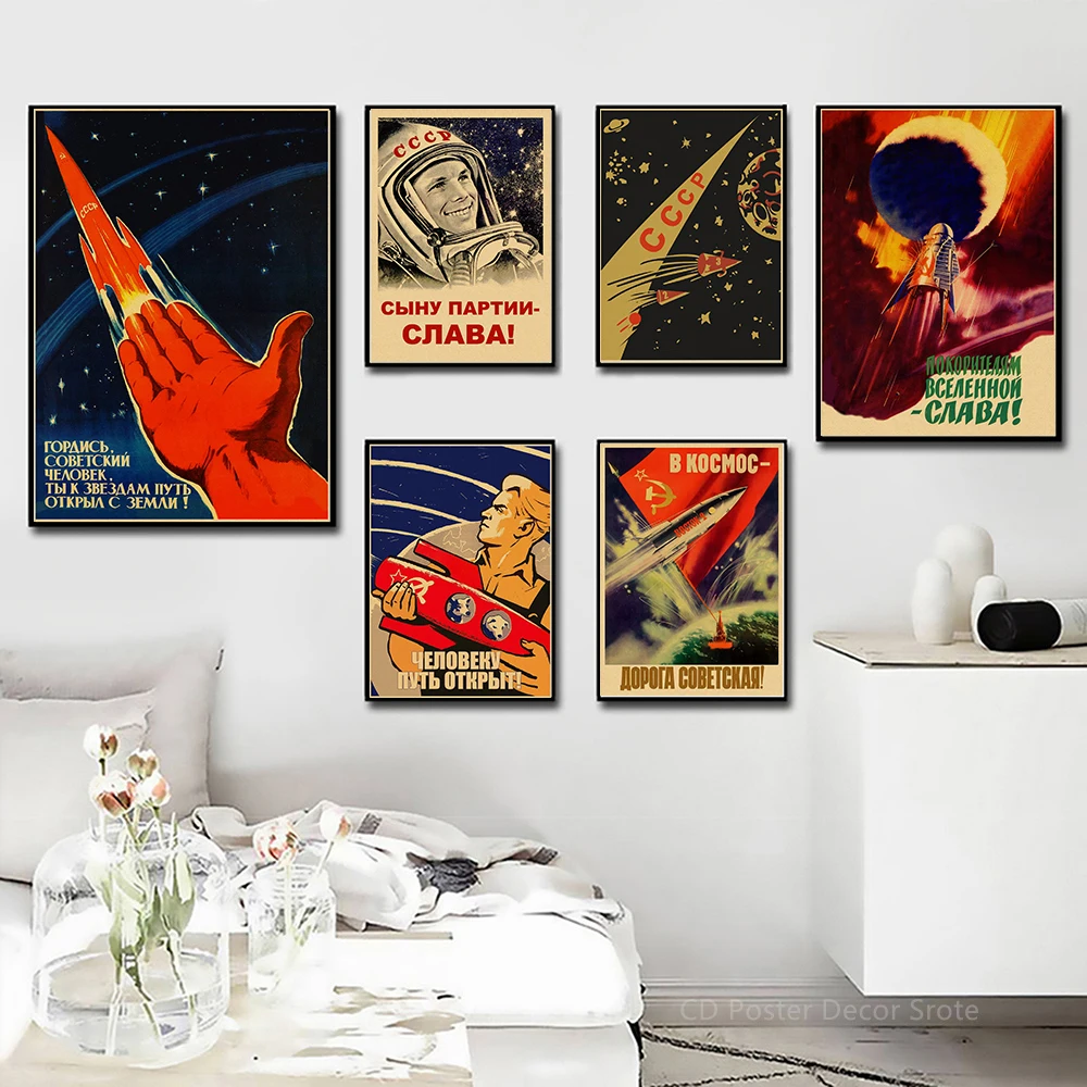 Retro USSR Poster Soviet Space Art Wall Painting Travel Rocket Astronaut Spacecrafts Prints Vintage Home Room Cafe Decor Picture