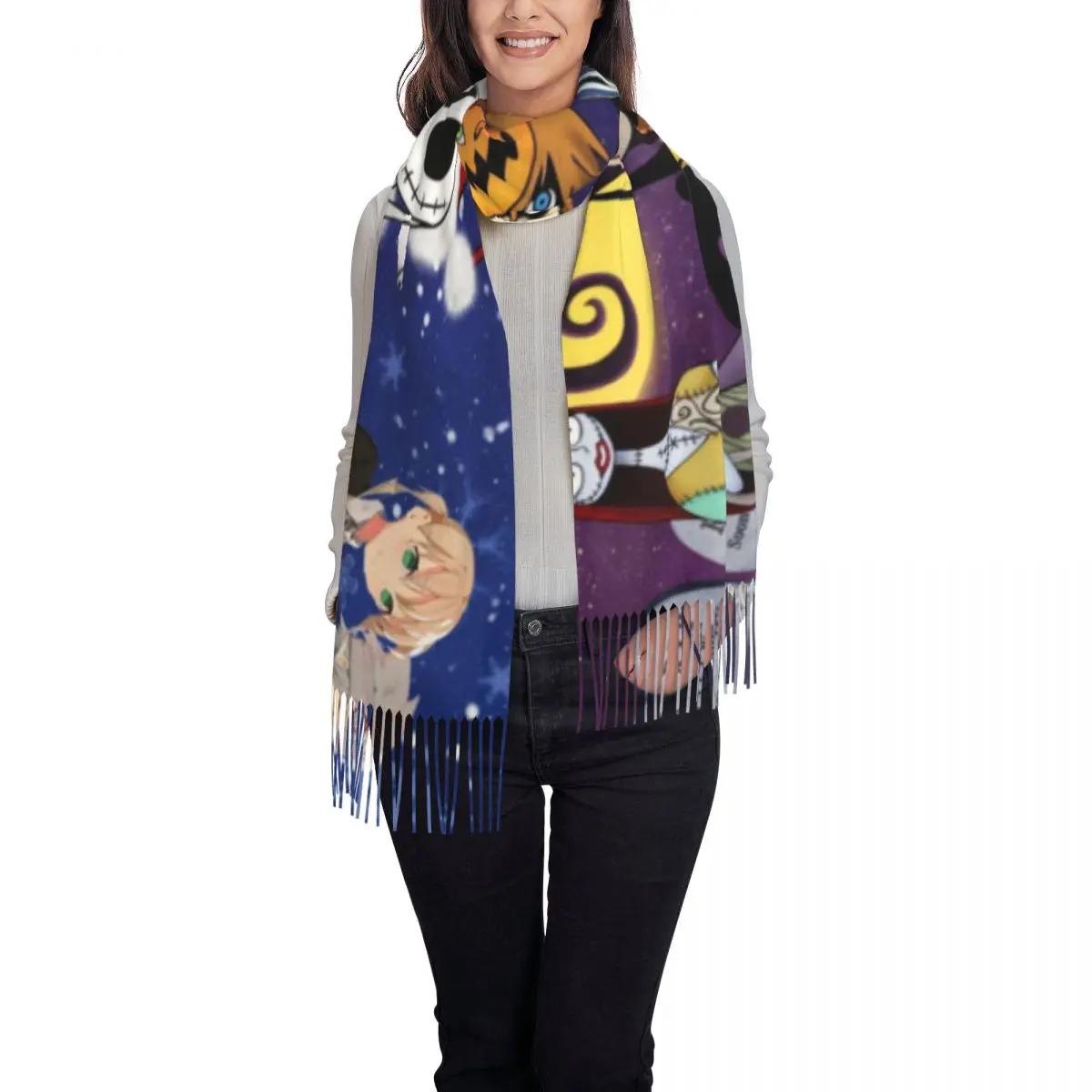 Custom Jack SkellingtOn Halloween Tassel Scarf Women Winter Fall Warm Shawls Wraps Female The Nightmare Before Christmas Scarves