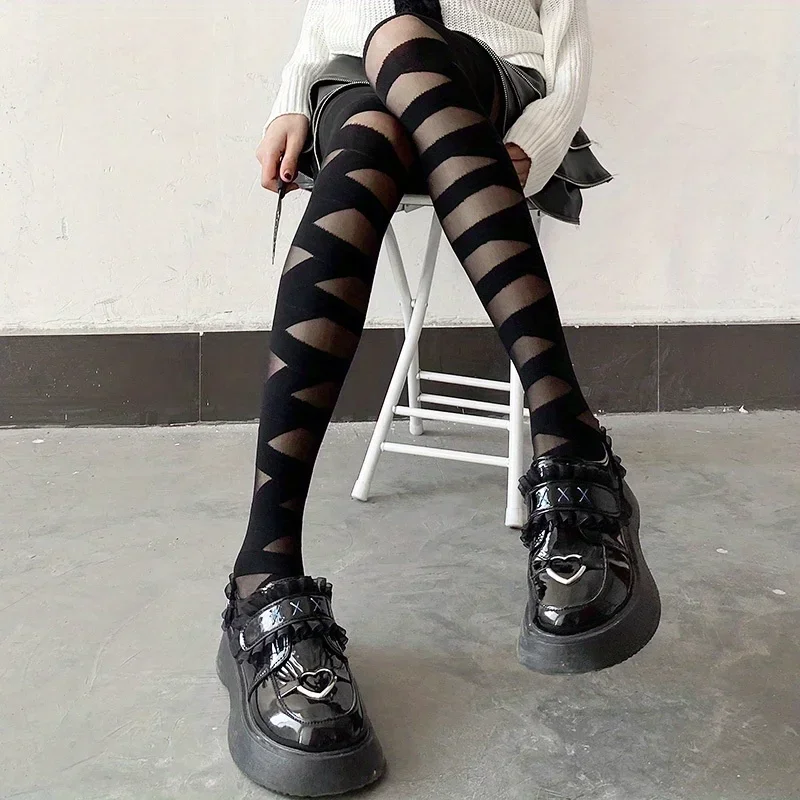 Women's Semi Sheer Bandage Style Pantyhose Hosiery Black White Tights with Cross-Banded Design Sexy Gothic Cosplay Stockings