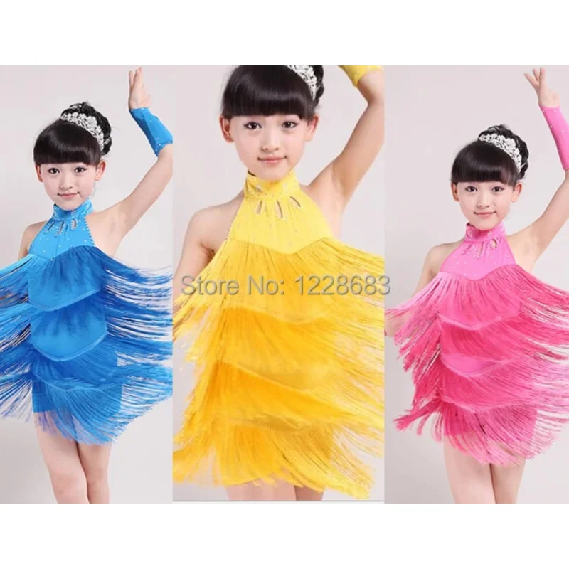 Nuevo 2020 niños azul amarillo rosa puesta en escena competición trajes de baile con flecos/vestido con flecos latinos para niñas OA159