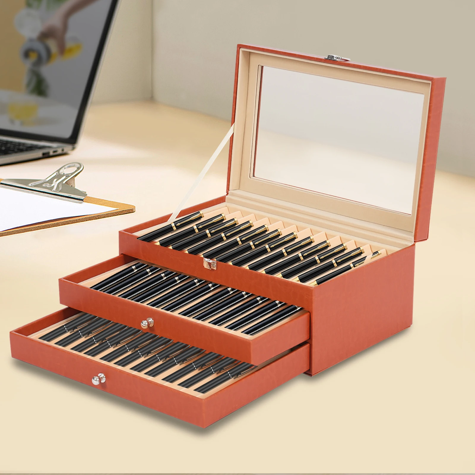 Retro 3-Tiers Pen Box Organizer with Buckle Lock Large Capacity 36 Slots Orange Pen Box Gift