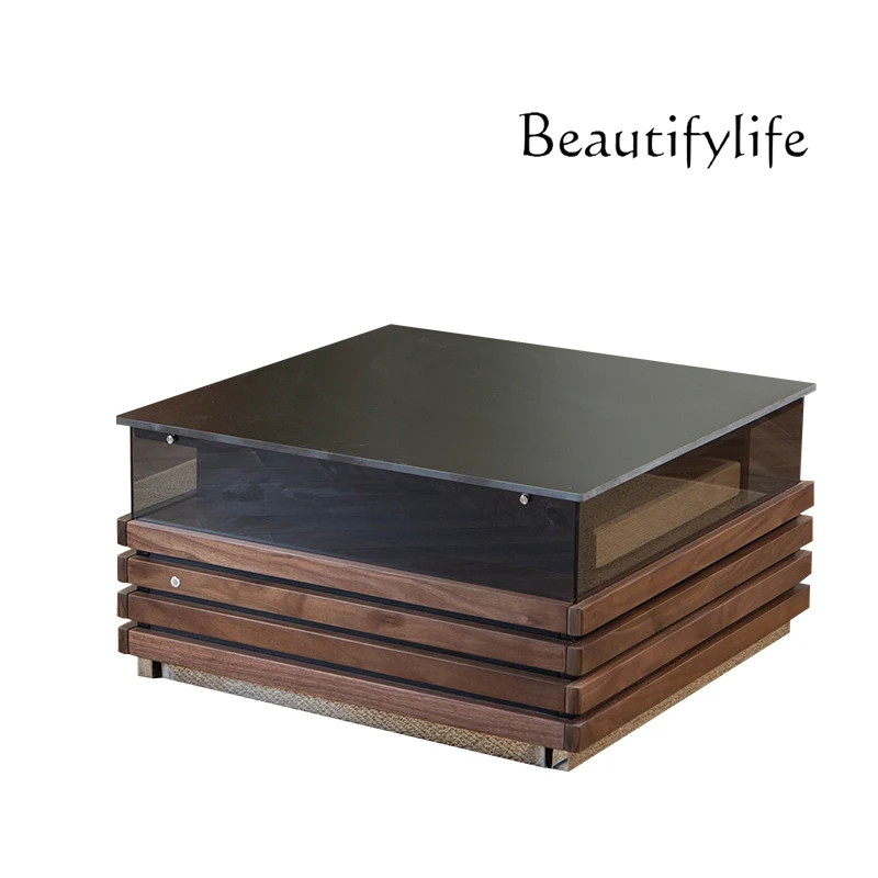 

Nordic rock slab coffee table solid wood modern black square small apartment minimalist designer high-end