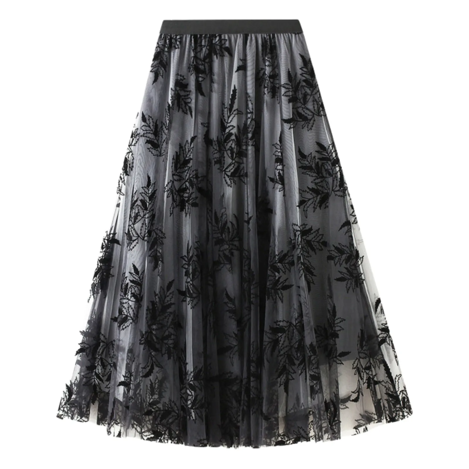 

Flocked Printing Skirt For Women Autumn And Winter Mid Length A Line Large Swing Floral Mesh Skirts High Waist Half Bodies Skirt