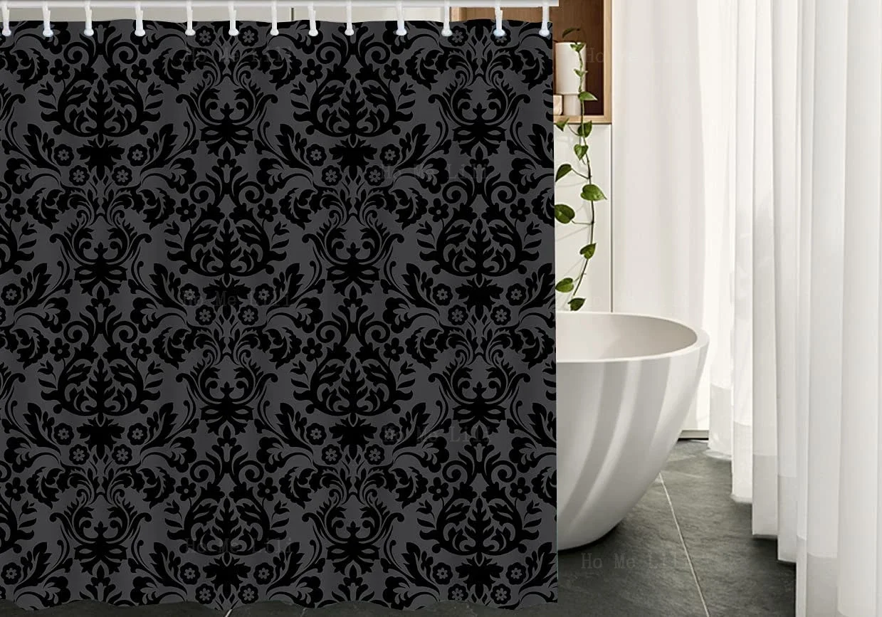 Black Damask Shower Curtain Vintage Floral Foliage Baroque Water Resistant Bathroom Accessories For Home Decorations Dark