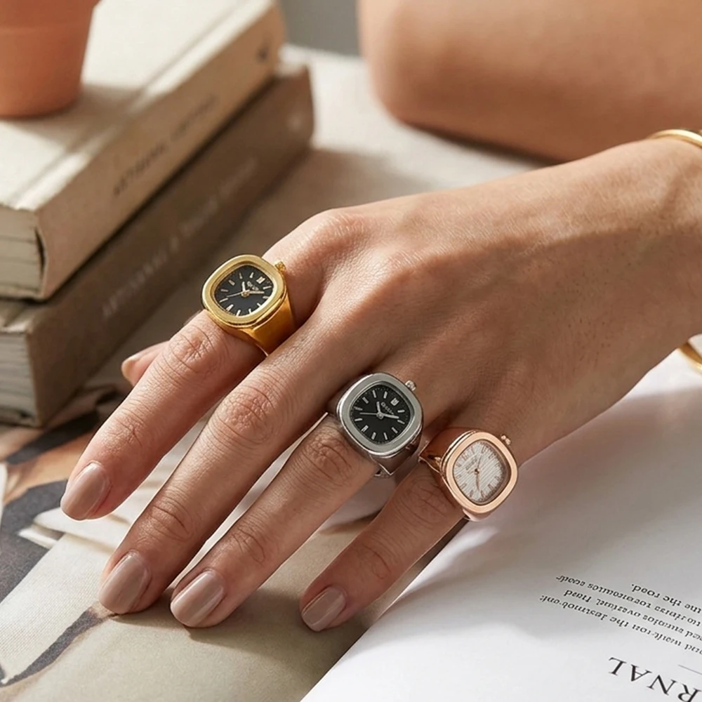 YHTOT Fashion Trend Watch Ring Alloy Texture Strap Pointer Square Stackable Ring Women's Jewelry Gift for Her