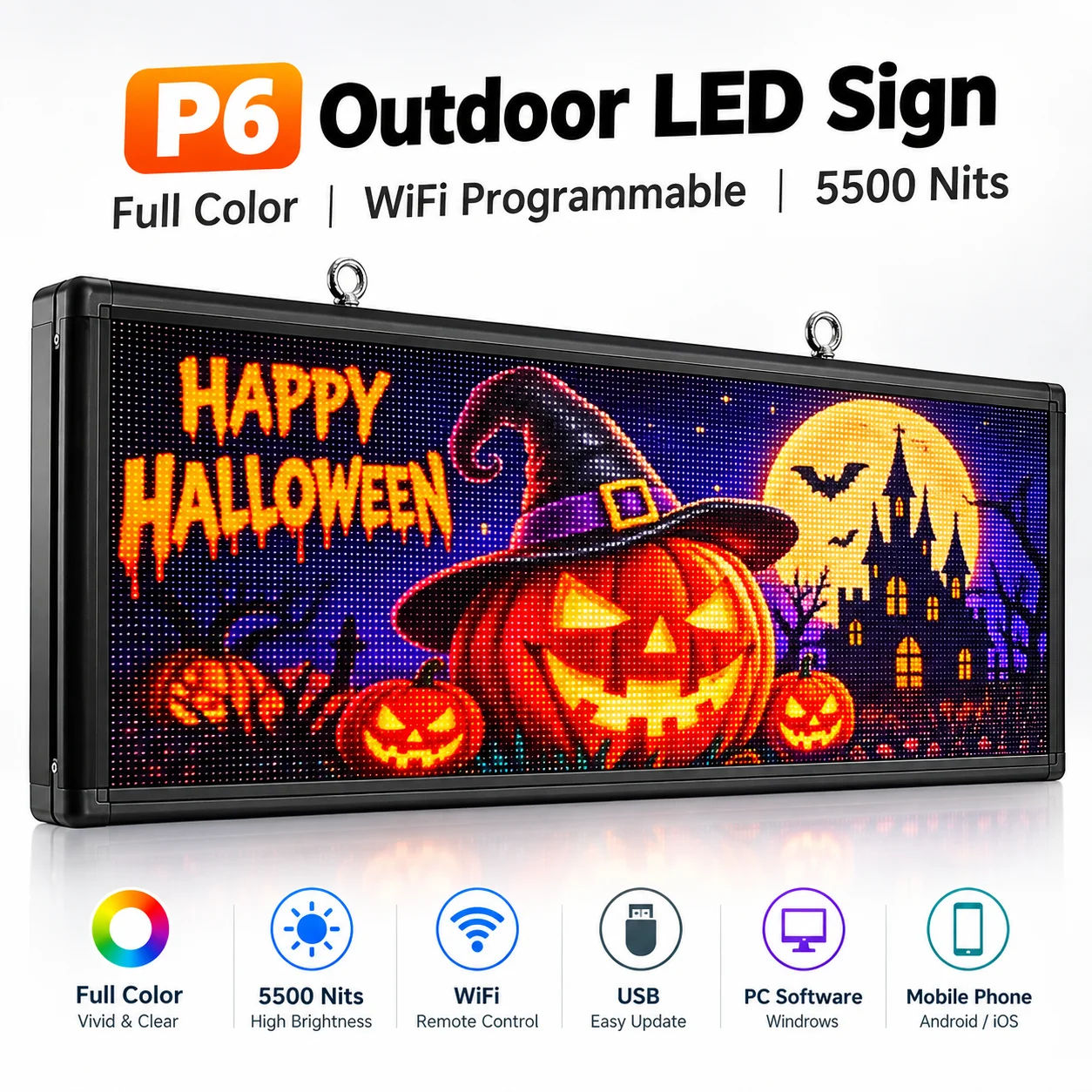 P6 Outdoor Full Color LED Sign 5500 Nits 40x18 Inch WiFi Programmable Scrolling Display for Business Advertising