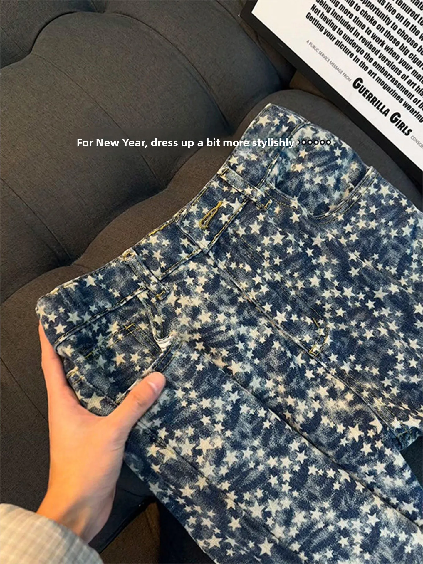 Stars Printed Embroidered Men's Jeans American High Street Tie Dye Design Micro Flared Straight Leg Cotton Polyester Blend