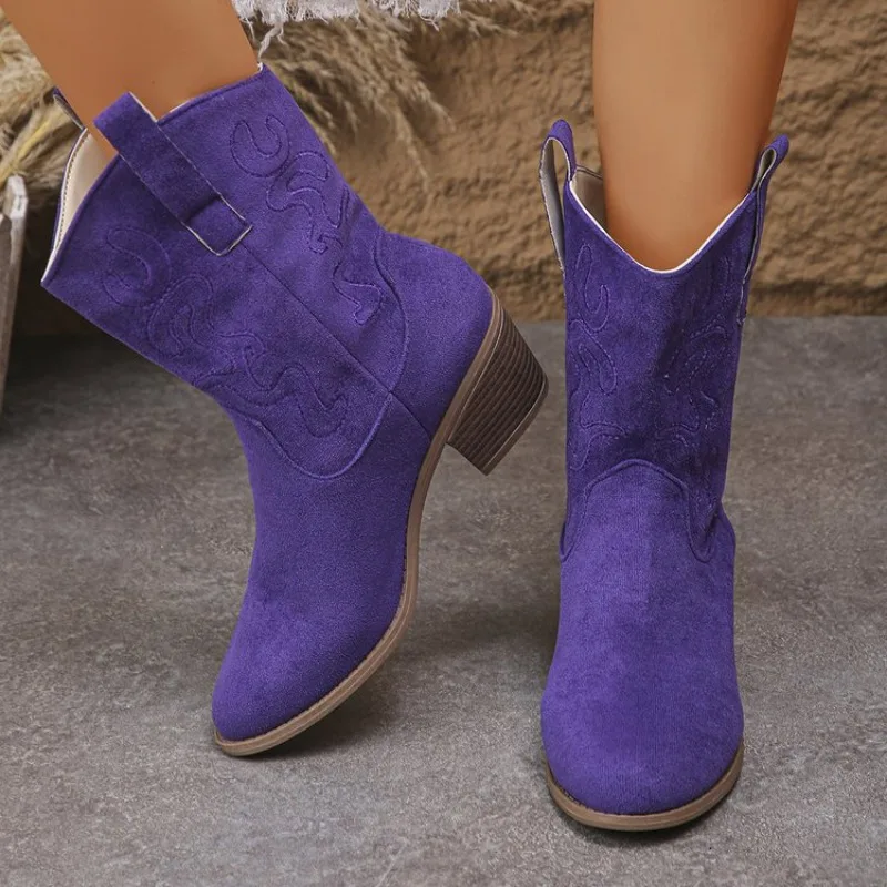 Botas informales a media pantorrilla de estilo occidental para niñas Otoño Invierno moda punta redonda suela de goma tacón plano forrado de algodón