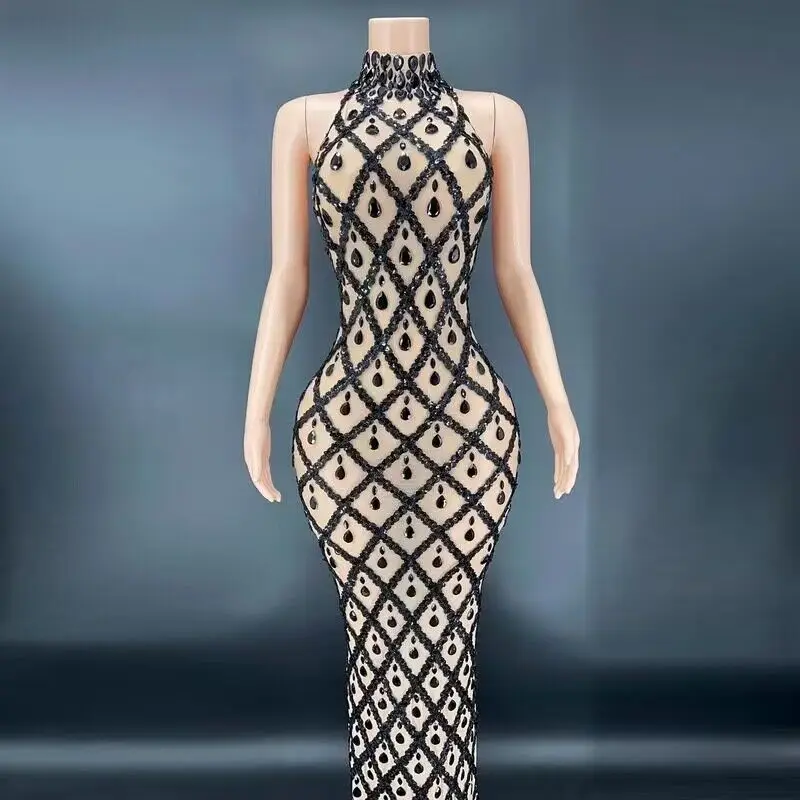 Women Sexy Stage Shining Rhinestone Sequins Dress Evening Prom Birthday Dress Transparent Performance Singer Club Host Dress