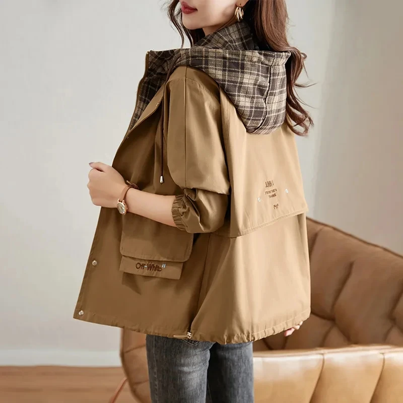 Imagem -03 - Trench Coat Curto com Capuz Feminino Corta-vento Feminino Manga Comprida Outwear Casual Solto Moda Coreana Novo Outono 2023