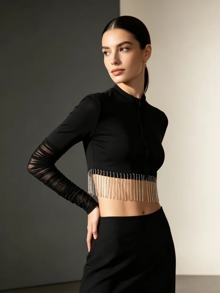 Crop Top Women Long Sleeve Mesh Patchwork Rhinestone Fringe Zip Up Slim Fit Party Club Evening Night Out Blouse