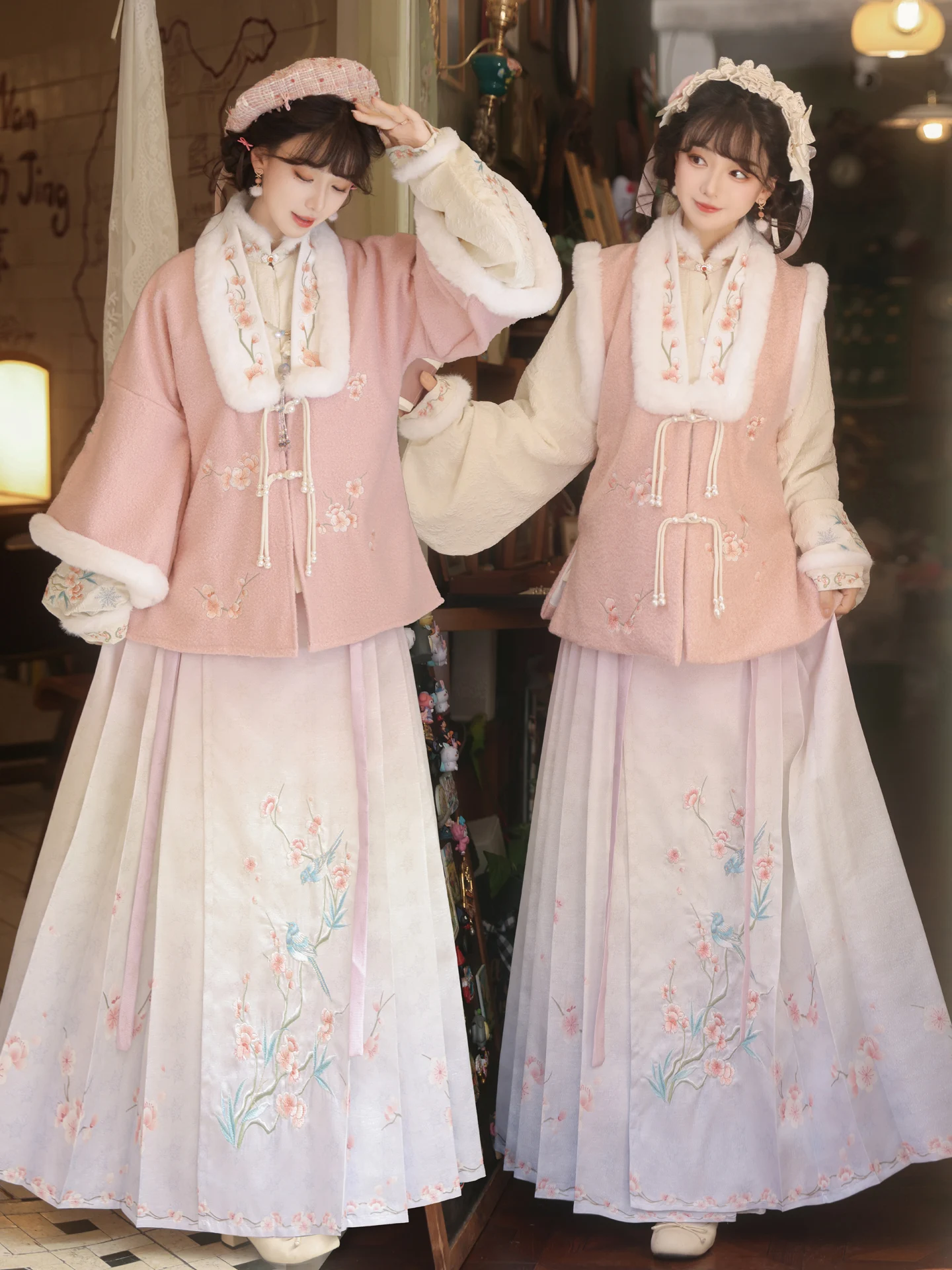 

Fur Lined Tang Suit Women's Hanfu Original Design Spring Brightn Que Zhi Cherry Blossom Branch Printed Double Breasted Ma ...
