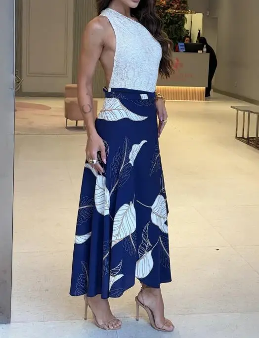 

Skirt for Women 2026 New Spring Fashion Leaves Print High Waist Wrap Lace-Up Skirt Casual Asymmetrical Hem Long Skirt