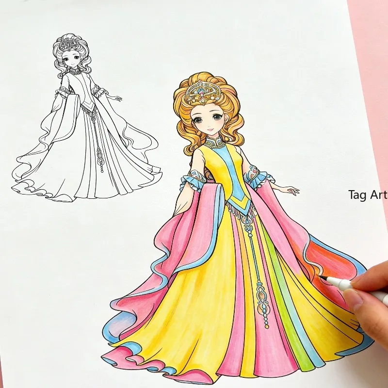 A Beautiful Princess Coloring Copy Album, Character Line Drawing Coloring Exercise Book, 24 Different Princess Drawing Patterns