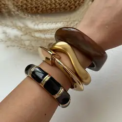 Boho Coffee Irregular Acrylic Resin Chunky Cuff Bangles for Women on Hand Goth Geometric Metal Wide Bracelet Couple Jewelry Gift