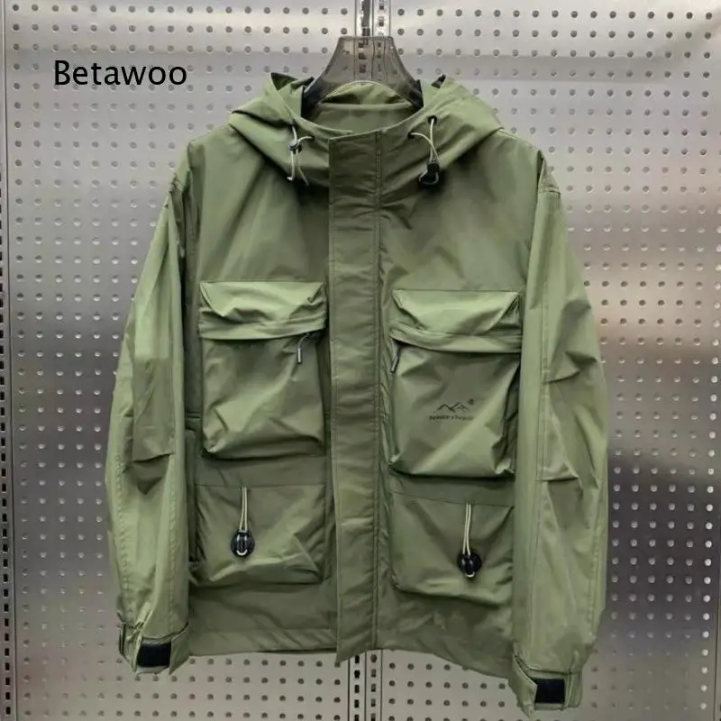 Men Hooded Cargo Jacket Multi Pockets Windproof Zip Up Loose Fit Functional Outdoor Outerwear for Hiking Daily Wear
