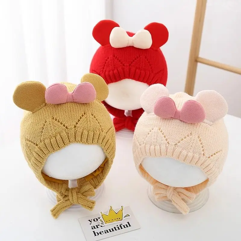 

Зимние теплые детские шапки для девочек, утепленные вязаные защитные шапки для ушей для новорожденных, милая шапка принцессы с бантом для малышей, От 3 до 12 месяцев