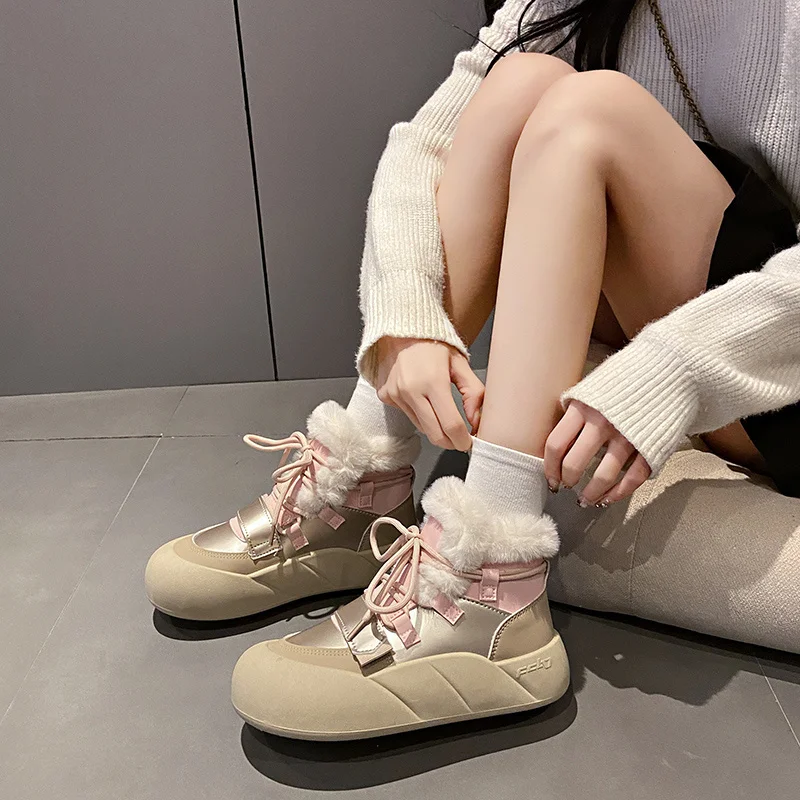 Winter Cute and Fashionable Velvet Warm and Comfortable Round-toe Thick-soled Botas Model Design Casual Women's High-top Boots image 2