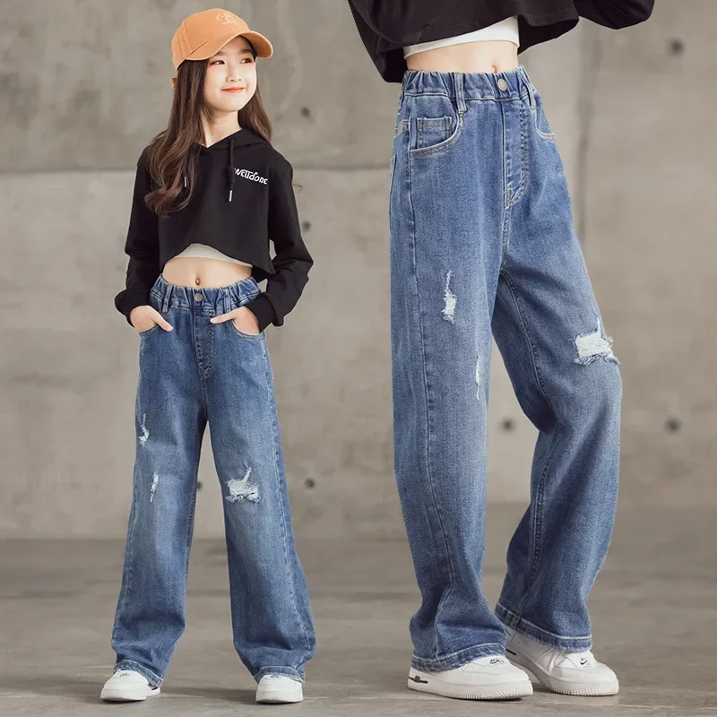 

4-14 Years Girls Jeans Spring Autumn Solid Color Hole Loose Fitting Casual Trousers For Kids Denim Straight Leg Pants