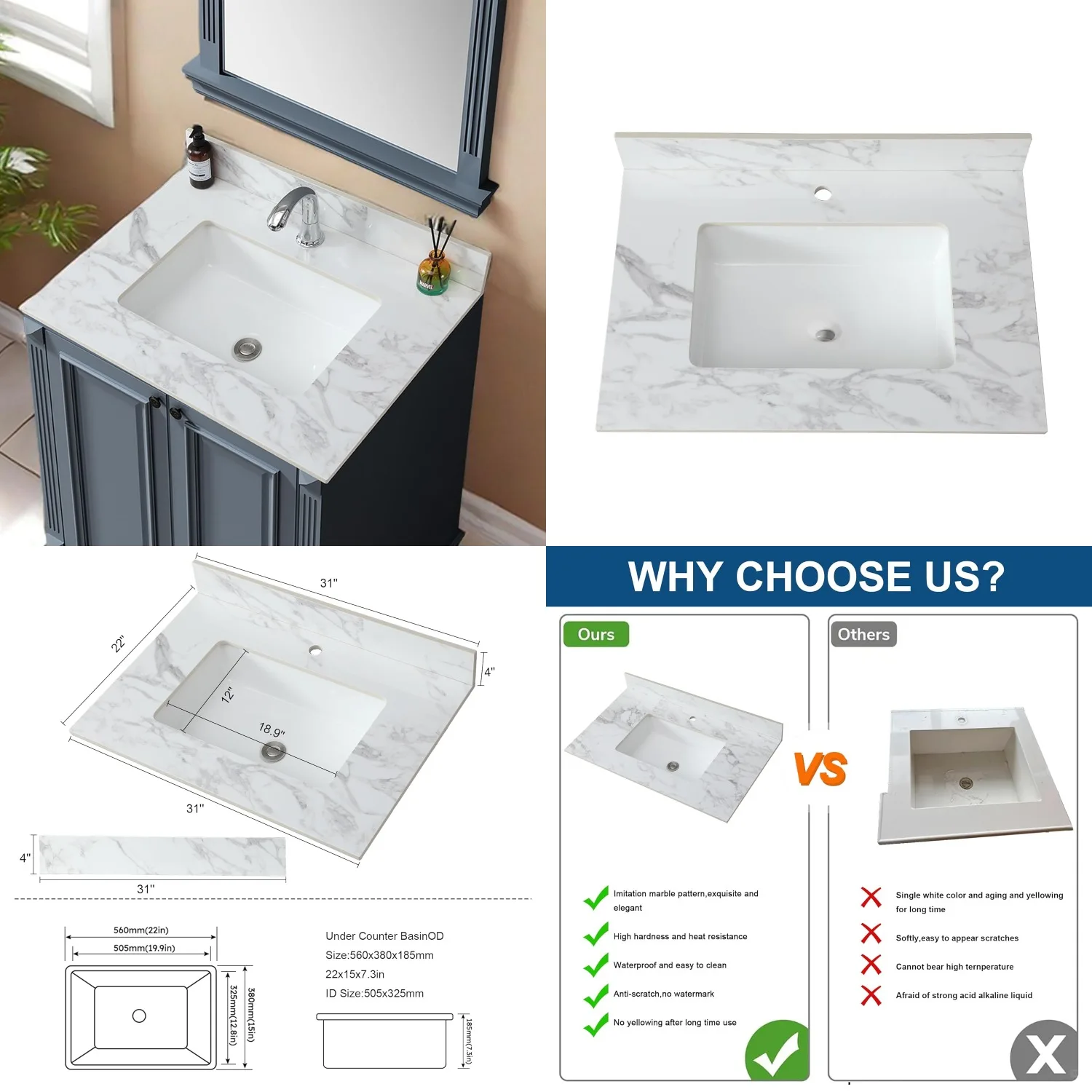 

White Sintered Stone Vanity Top 31x22 Undermount Ceramic Sink Backsplash No Cabinet Customized