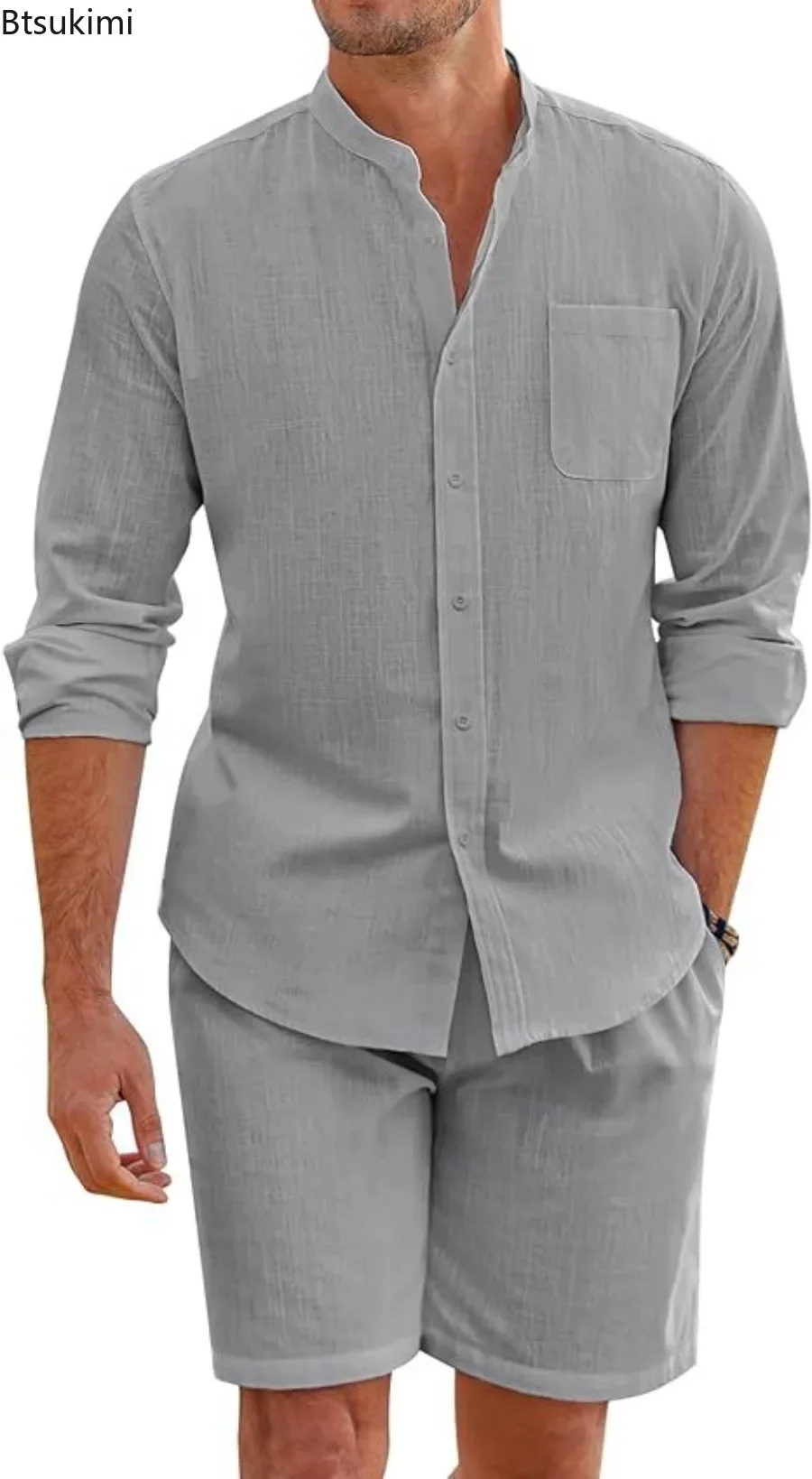 2026 Summer Simple Casual Sets for Men Cotton Linen Button-up Long Sleeve Shirt Shorts 2 Pieces Male Solid Vacation Beach Outfit