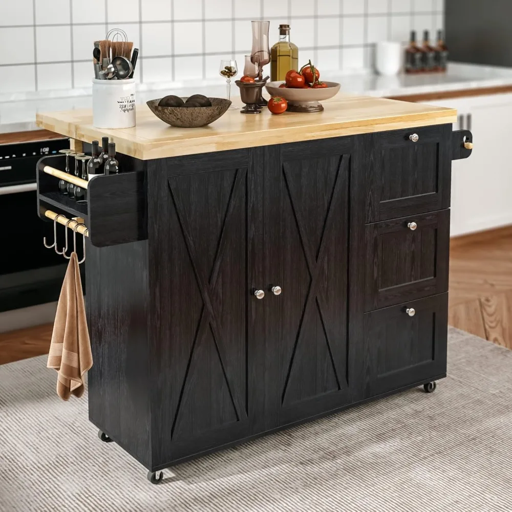 

Rolling Kitchen Island Cart with Drop-Leaf Countertop, Barn 3Drawers, Barn Door Style Cabine,Thicker Rubberwood Top, Spice Rack