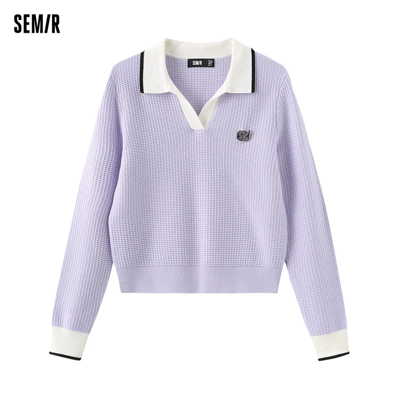 Semir 2024 Sweater Women Short Textured Top For Small Figures Versatile Gentle Spring Contrasting Color Collar Pullover Polo