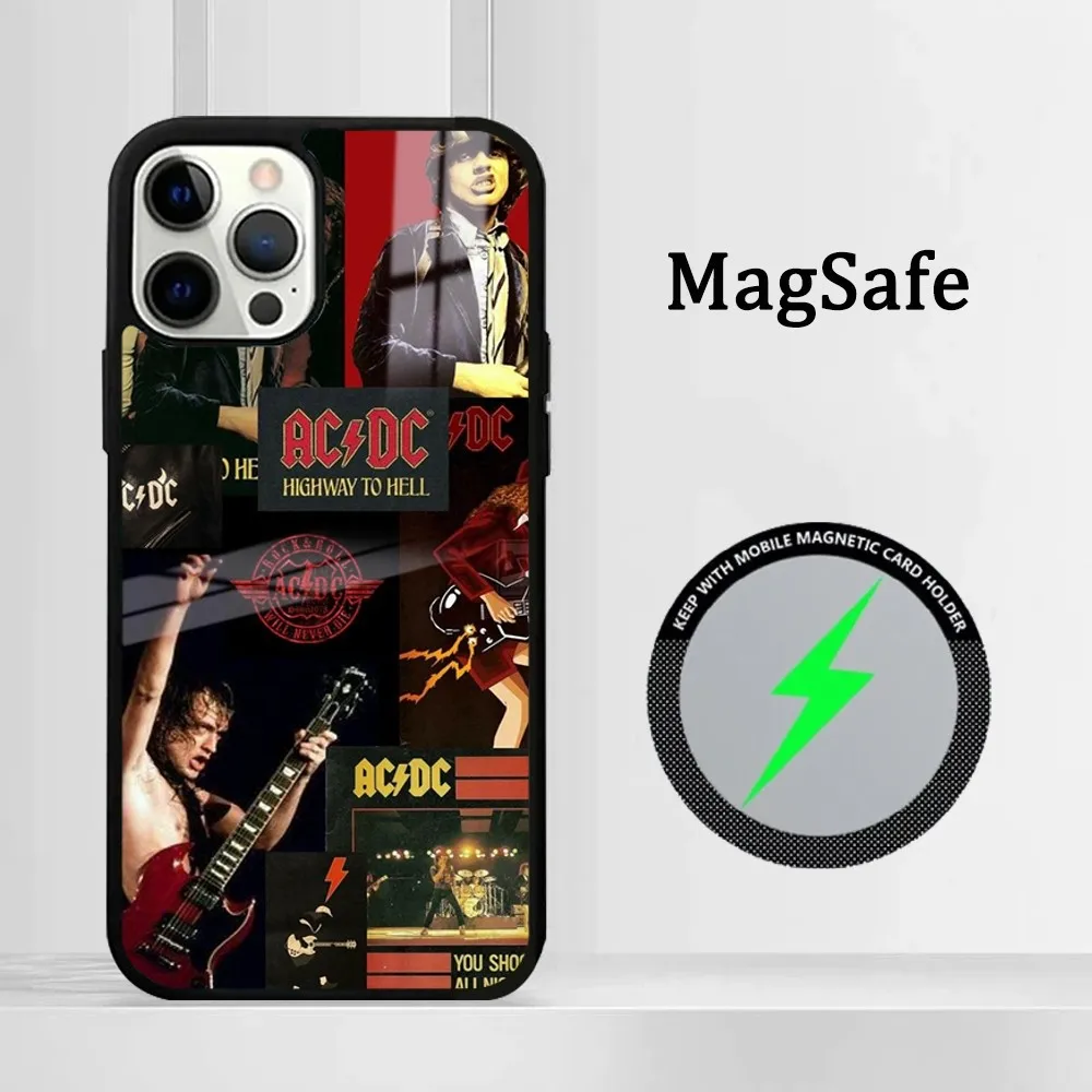 Banda de Rock A-C Phone Case para iPhone, Mini Espelho, Capa Magnética, iPhone 15, 14, 13, 12, 11 Pro Max, Plus