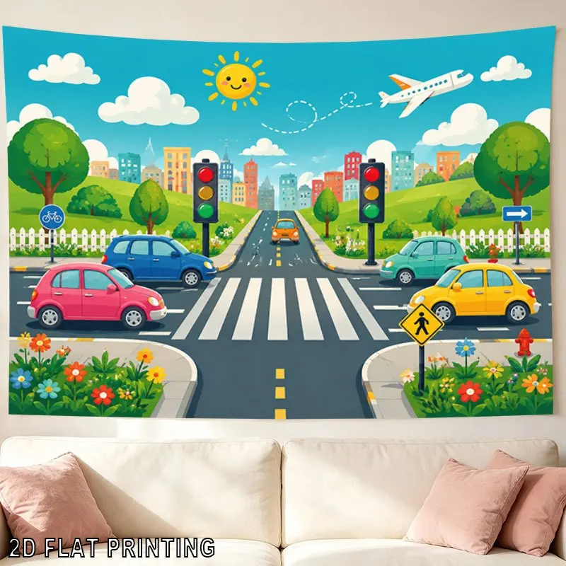 Vibrant Cartoon City Street Scene Wall Hanging Decor for Kids Nursery Classroom Playroom Art