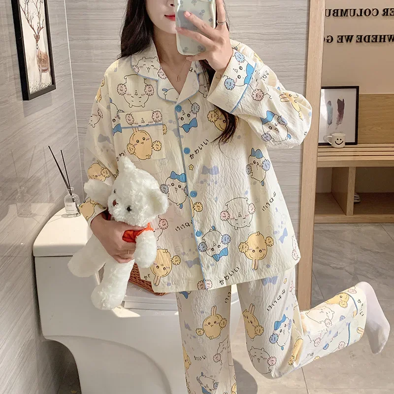 2024 New Spring Autumn Chikawa Hachiware Pajamas Anime Kawaii Women Long Sleeve Large Size Cloud Cotton Outerwear Home Clothing