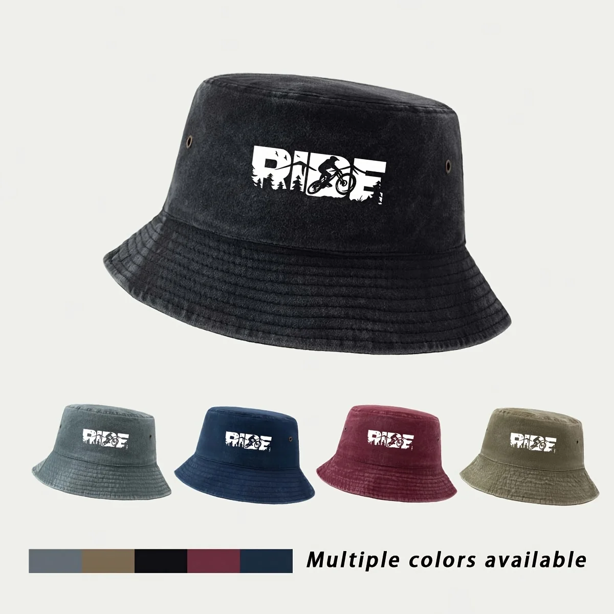 Bucket Hat Featuring a RIDE Mountain Bike Print. This American-style Streetwear Bucket Hat Exudes a Cool, Trendy Vibe with a  Ca